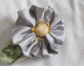 Handmade Fabric Flower - Pale Silver Silk Poppy style Bloom with Beaded Embroidered Silk Leaf