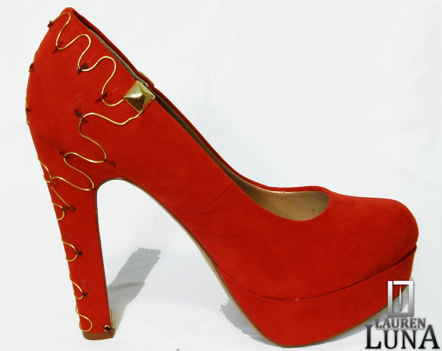 Burnt Orange Microsuede brass embellished platform pumps