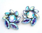 Vintage Sherman Earrings, All Aurora Borealis Stones in a Pinwheel Design