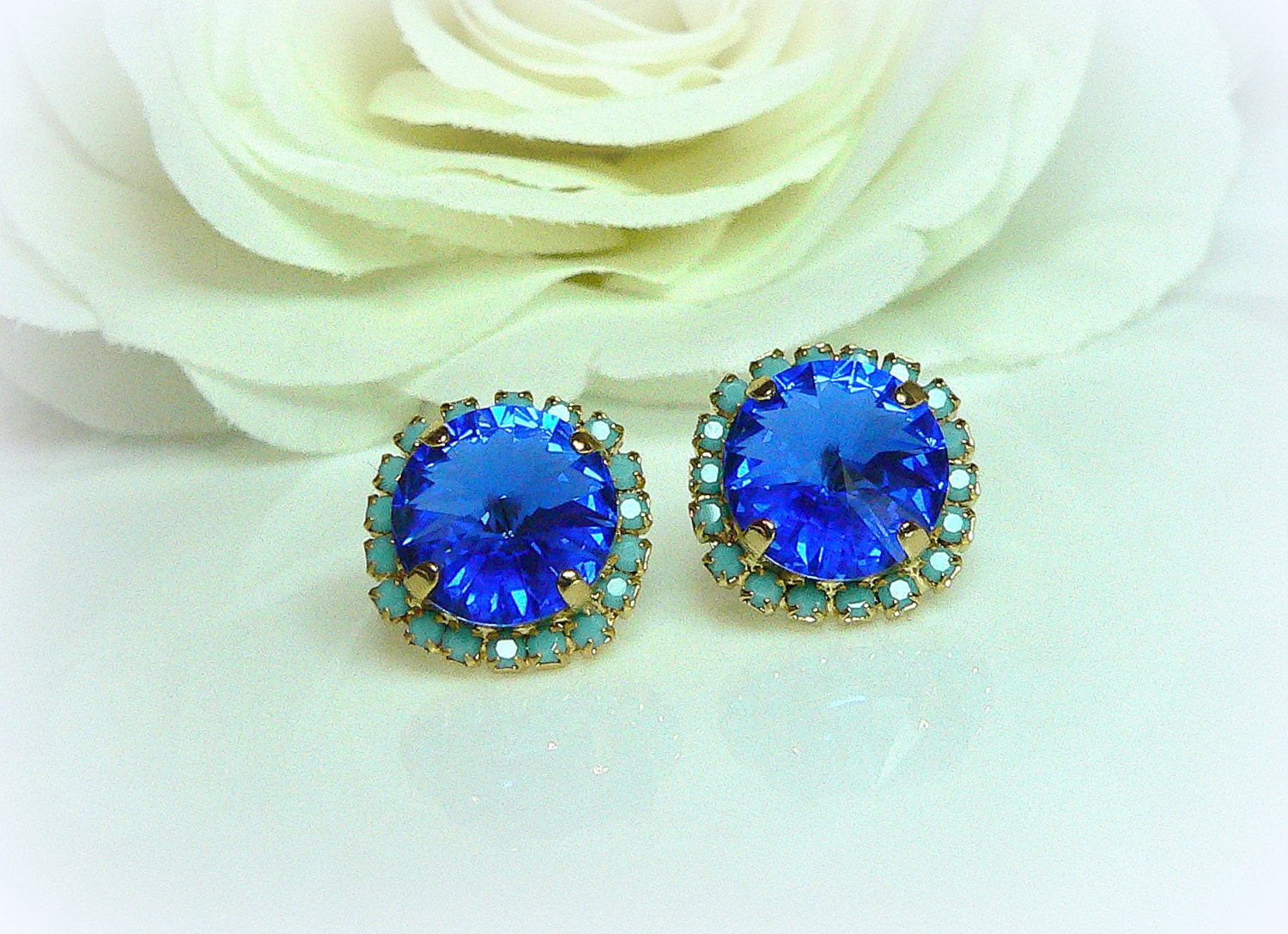Turquoise & Royal Blue Swarovski crystal  post earrings, Crystal stud earring, Bridesmaid gift