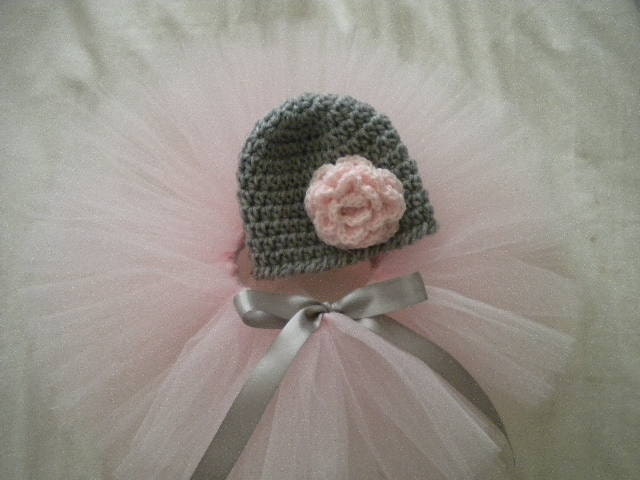 Newborn Baby Girl Tutu and  Matching Flower Hat - Great Shower Gift - Pink And Gray