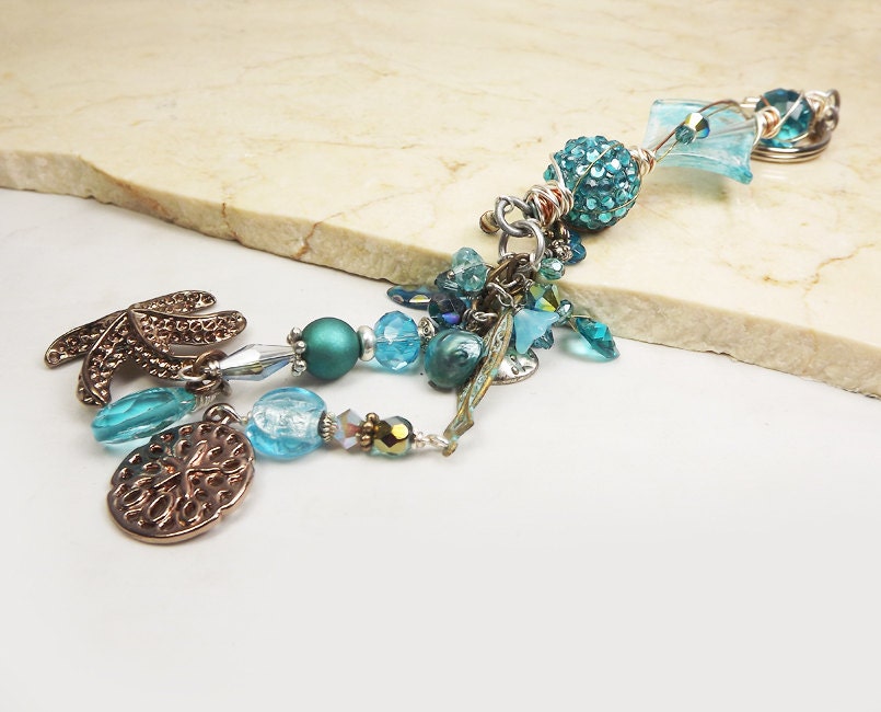 Hand Wrapped Embellished Whimsical Key Holder - sea themed in shimmering aqua