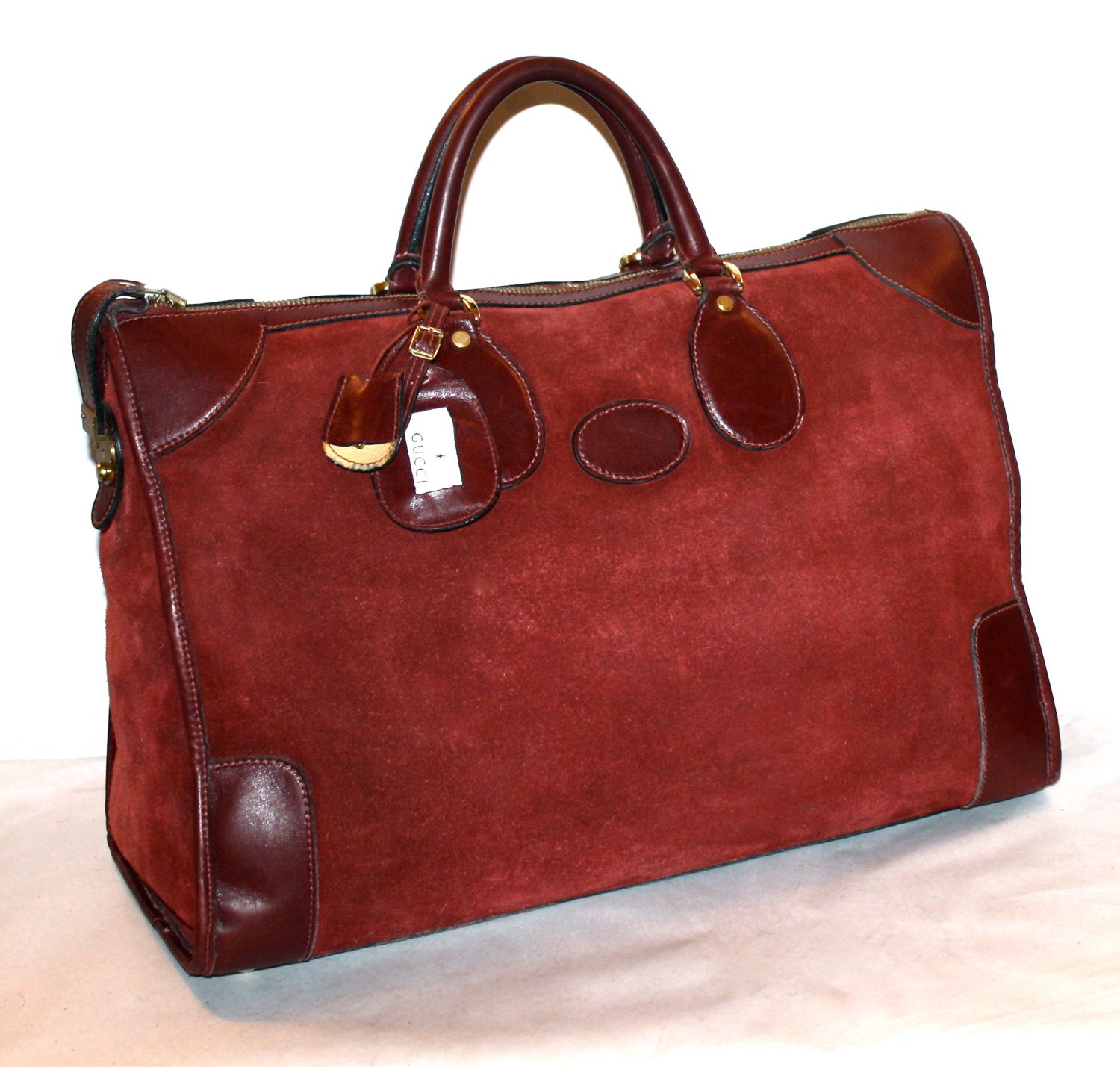 Vintage GUCCI Duffel Burgundy Suede Leather Extra Large Doctors Bag Carry On Tote -Authentic-