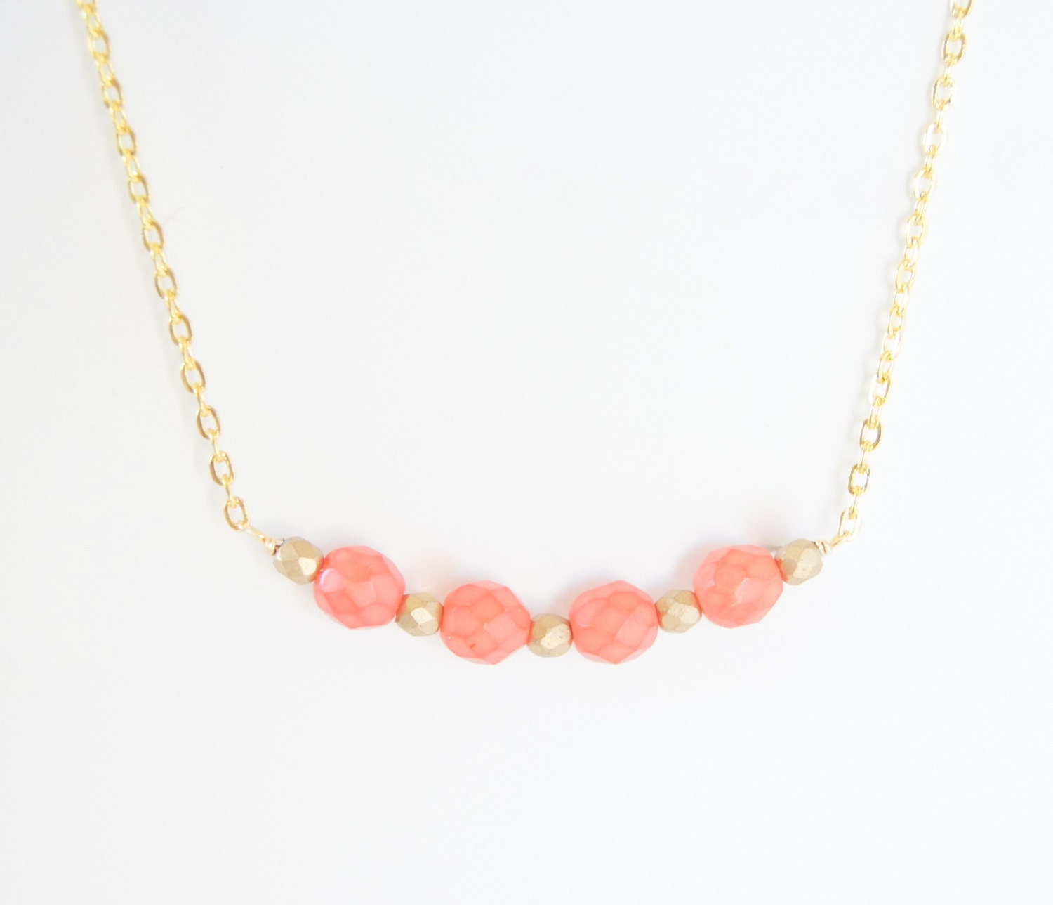 Coral Czech Glass Gold Czech Faceted Gold Plated Necklace, Springtime, Spring Fashion