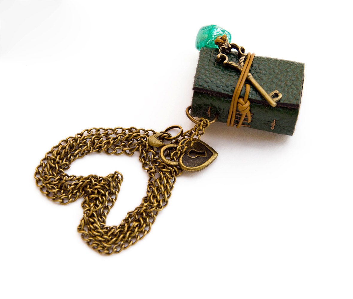 Green Necklace Book, key and lock beaded mini leather journal, tiny novel necklace