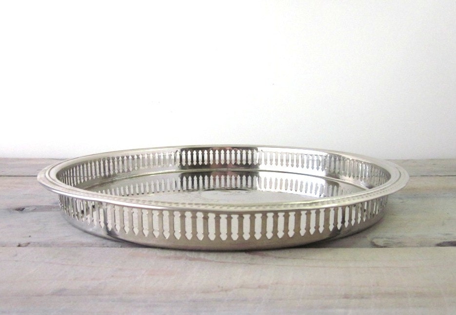 Vintage Round Silver Plate Reticulated Tray Vanity Tray or Serving Tray