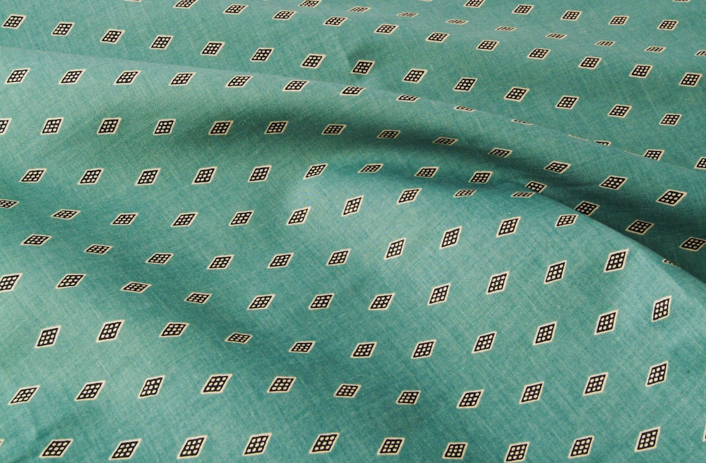 Vintage 19th Century Retro Cotton Fabric Teal Green Blue Diamond Pattern - One Yard