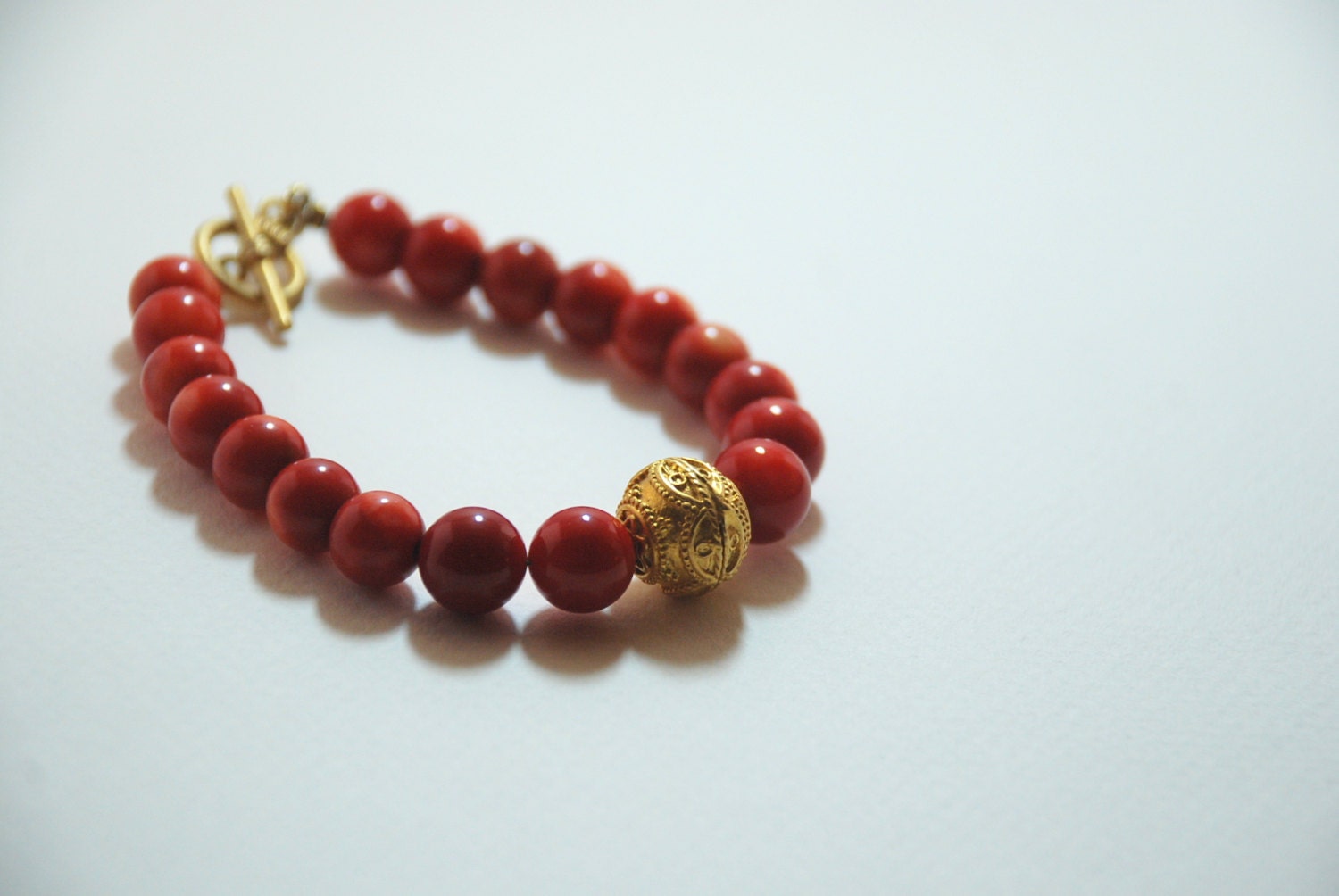 Red Coral Gemstone Gold Plated  Sterling Silver Round , Lock and Balls, Bracelet
