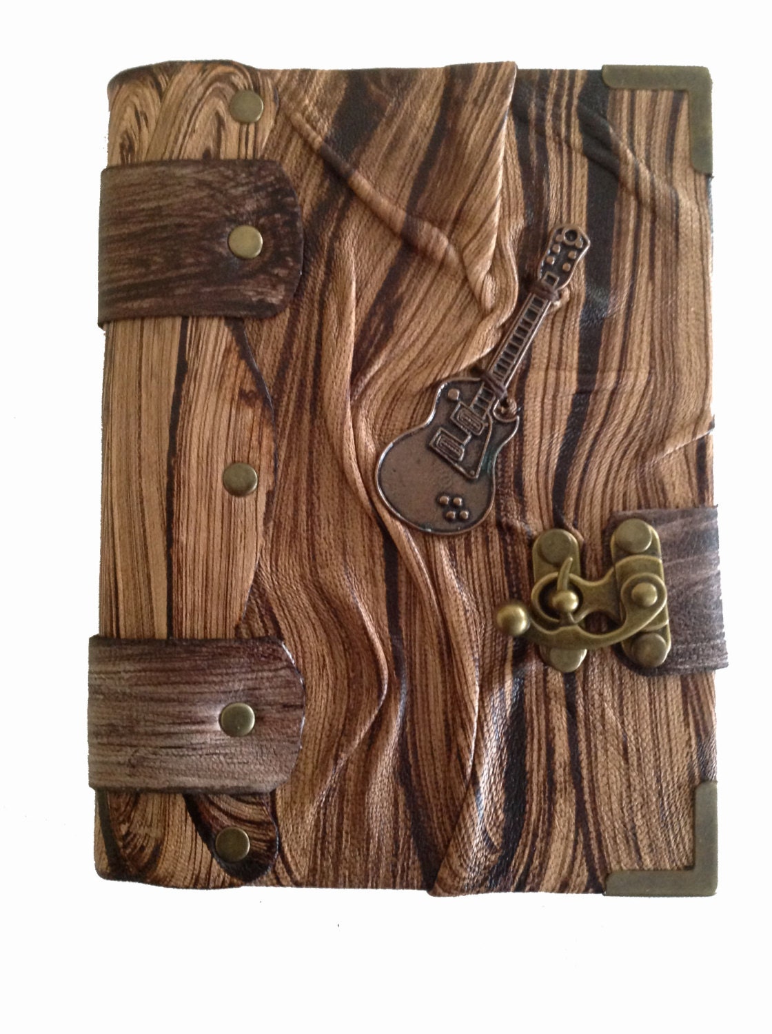 Handmade antique brass guitar music rustic dark brown leather journal notebook sketchbook