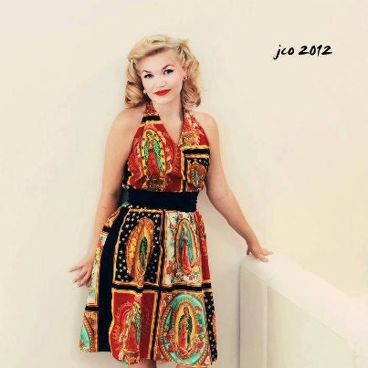 Custom Plus Size  Dress Your Measurements  / Tattoo Art/ Senoritas / Day of the Dead Rockabilly / Skulls and Roses / Guadalupe Panels