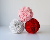 valentines day pomander. fabric flower poms. hanging pom poms.  table centerpiece. set of three. red, pink, and white flower poms