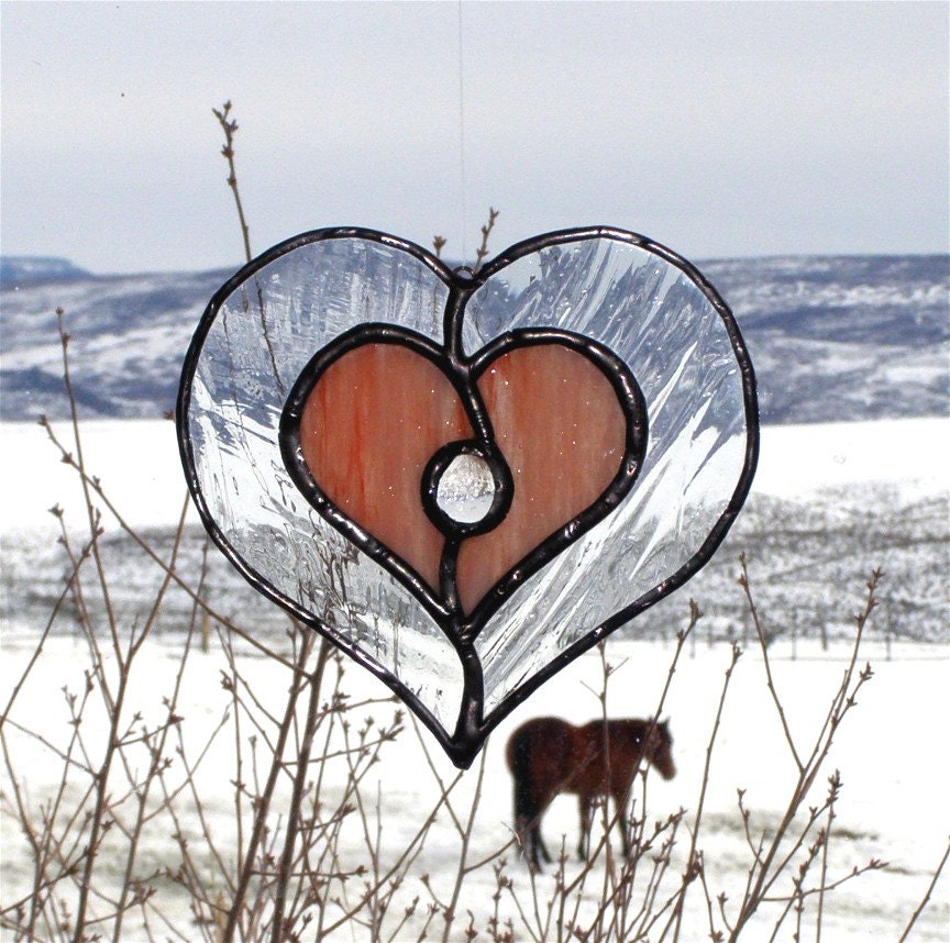 Stained Glass Heart Suncatcher Peach and Clear Glass