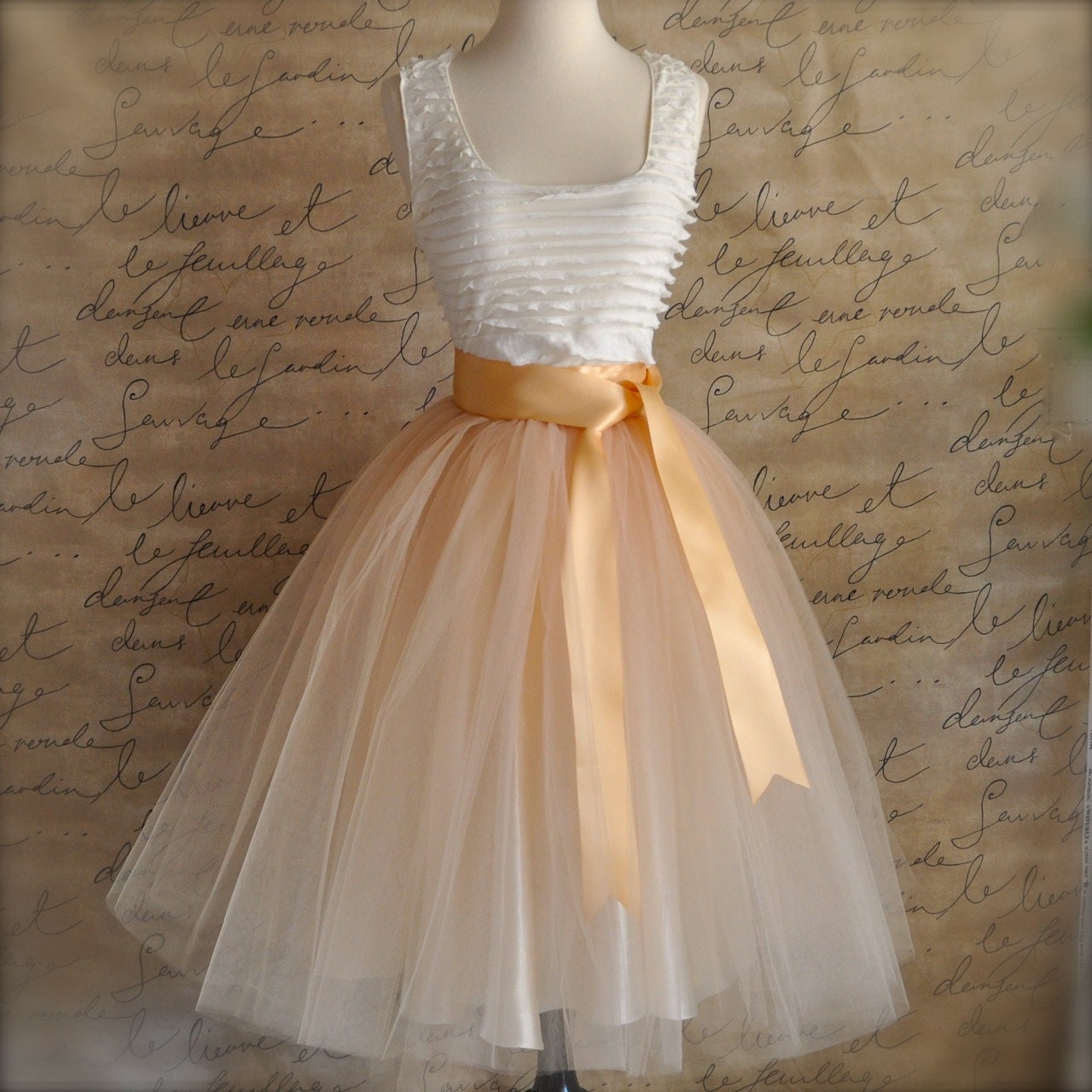 Classic Champagne Beige Tulle Skirt with Chocolate Caramel or Pale Gold Satin Waist. Spring neutral skirt. TutusChic original since 2009.