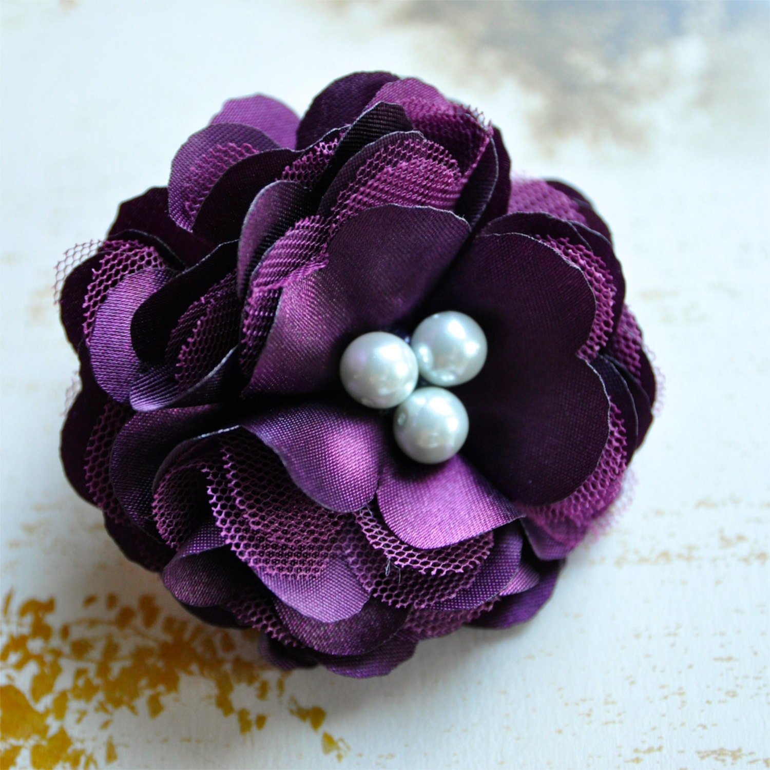 Tulle and satin flower puff clip or pin with large pearls in ivory, eggplant, chocolate brown, eggplant polka dots, peachy pink, teal.
