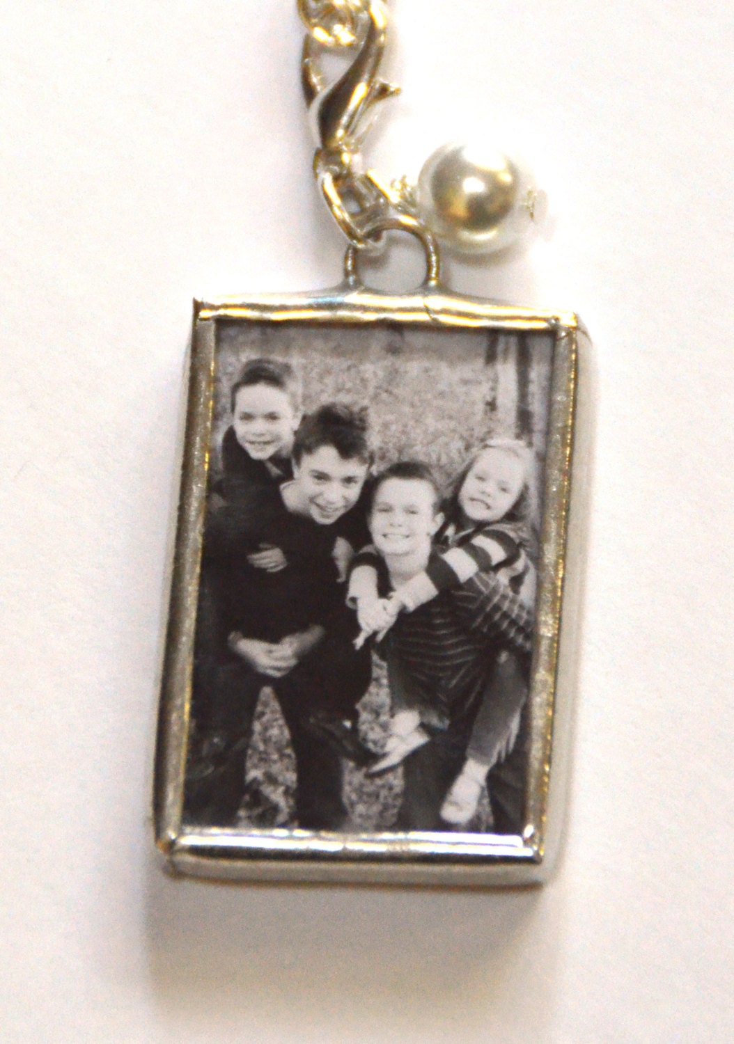 1.5 X 1 Inch Custom Photo Soldered Charm Pendant with Photo and Names with Number and 24" Silver Plated Link Chain