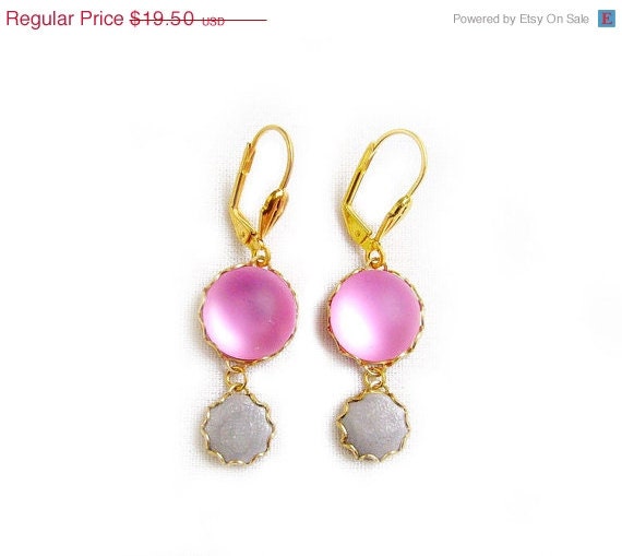 SUMMER SALE Pink Grey Dangle Earrings, Pastel Glass Polymer Clay Earrings - Color Dot Collection - Handmade Statement Earrings