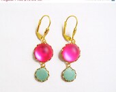 SUMMER SALE Mint Pink Dangle Earrings, Pastel Glass Polymer Clay Earrings - Color Dot Collection - Handmade Statement Earrings