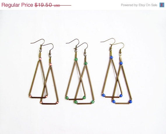 SUMMER SALE Minimalist Triangle Earrings, Geometric Statement  Earrings with Jade or Coral Beads