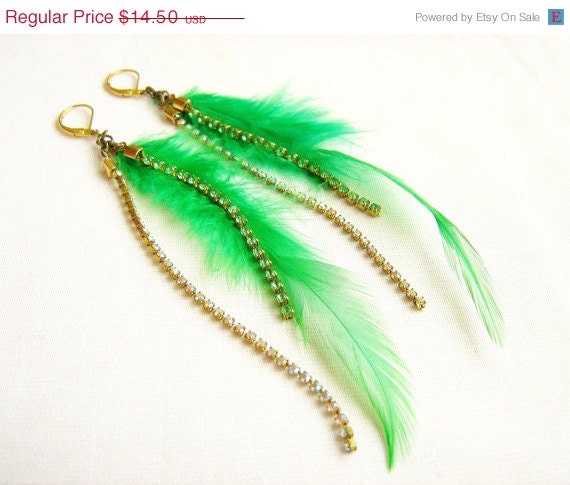 SUMMER SALE Neon Feather Earrings with Swarovski rhinestone chains, Amazon Forest