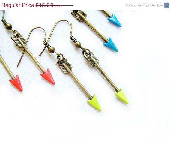 SUMMER SALE Arrow Earrings- Hunger Games Handmade Arrow Jewelry - Your Color Choice Mix or Match - Coral Red, Neon Yellow, Blue