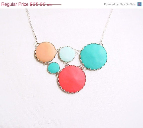 SUMMER SALE Color Bubbles Statement Necklace, Coral Teal Mint Peach Handmade Polymer Clay Statement Necklace, Color Dot Collection