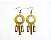 SUMMER SALE Geometric Chandelier Statement Earrings, Raw Brass Circle Earrings with Rectangle Drops