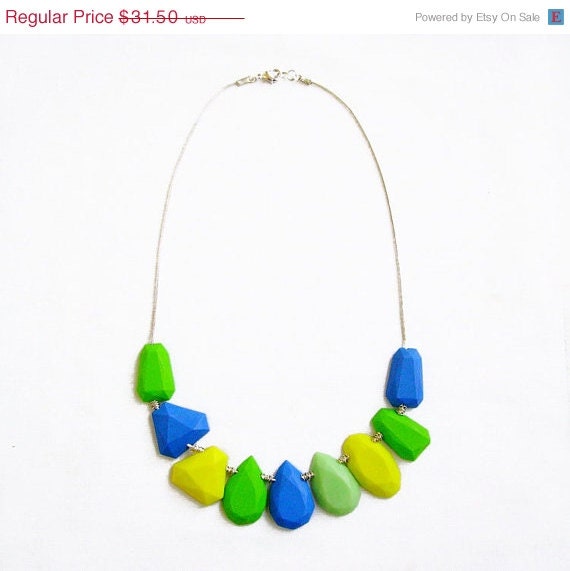 SUMMER SALE Statement Neon Necklace in Blue Green Yellow, Polymer Clay Gem Necklace, Gem Candy Collection