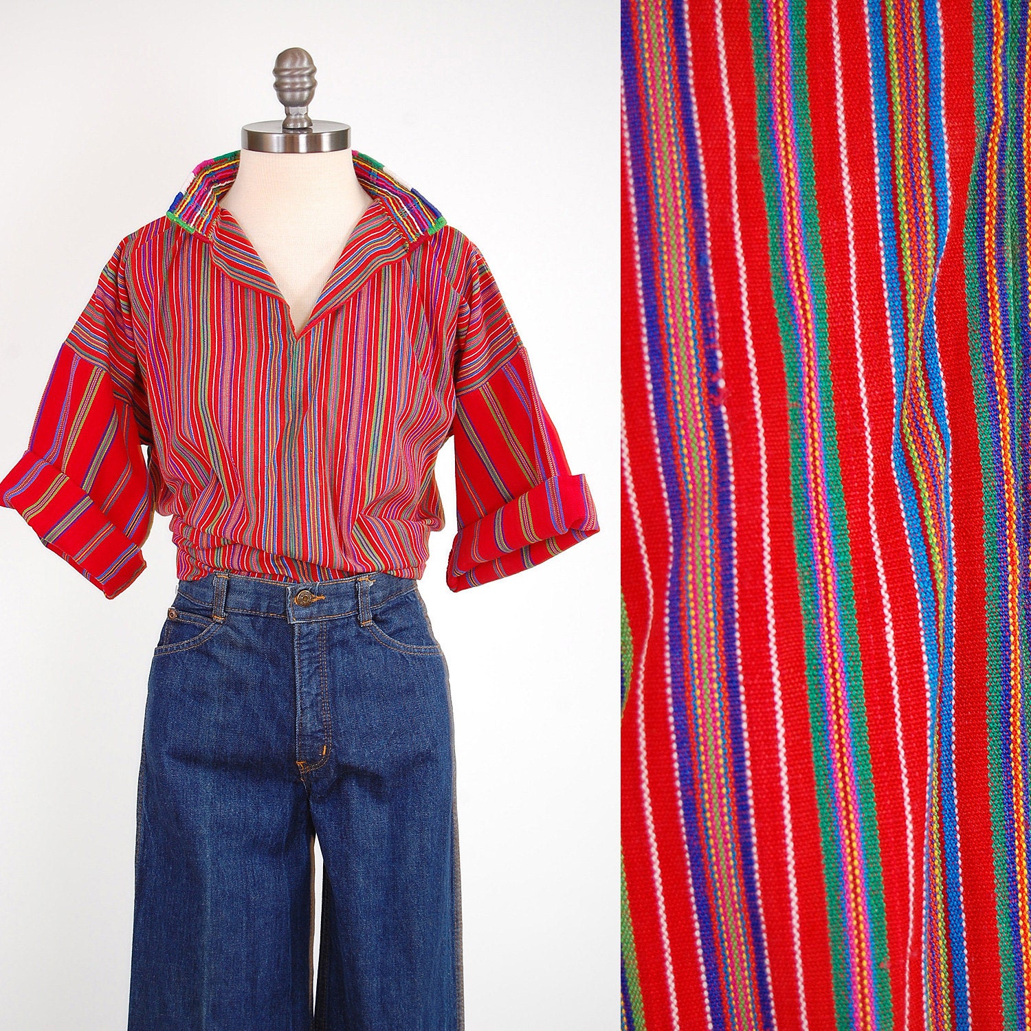 Vintage 70s Guatemalan red woven shirt / Ethnic hippie blouse