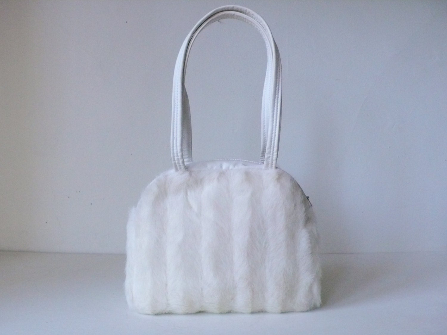 Vintage 1990's White Faux Rabbit Fur & Leather Club Kid Handbag Purse