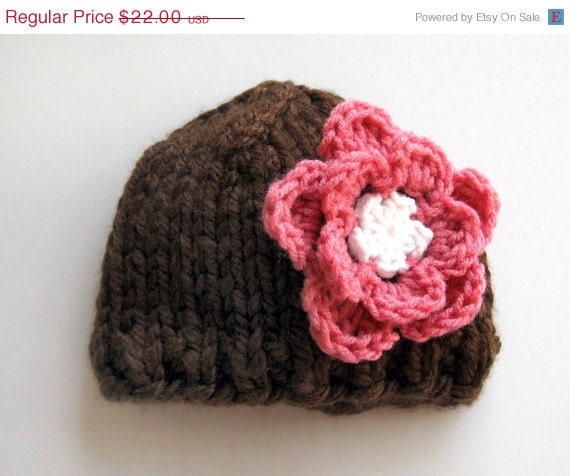 Sale knit baby hat, girls knit hat with flower, infant hat, toddler hat, childs hat, brown and pink, children clothing, photo prop