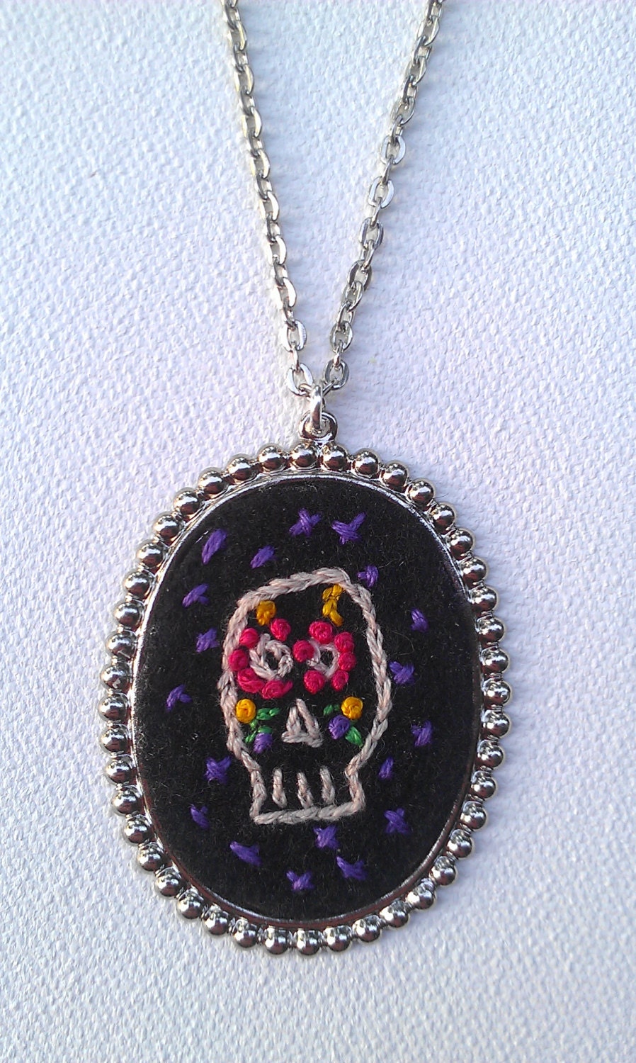 Sugar Skull Hand Embroidered Necklace