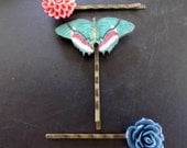 Garden hair pins, floral bobby pins, botanical bobbies, pink, navy blue, butterfly bobby pins, garden, woodland hair accessories