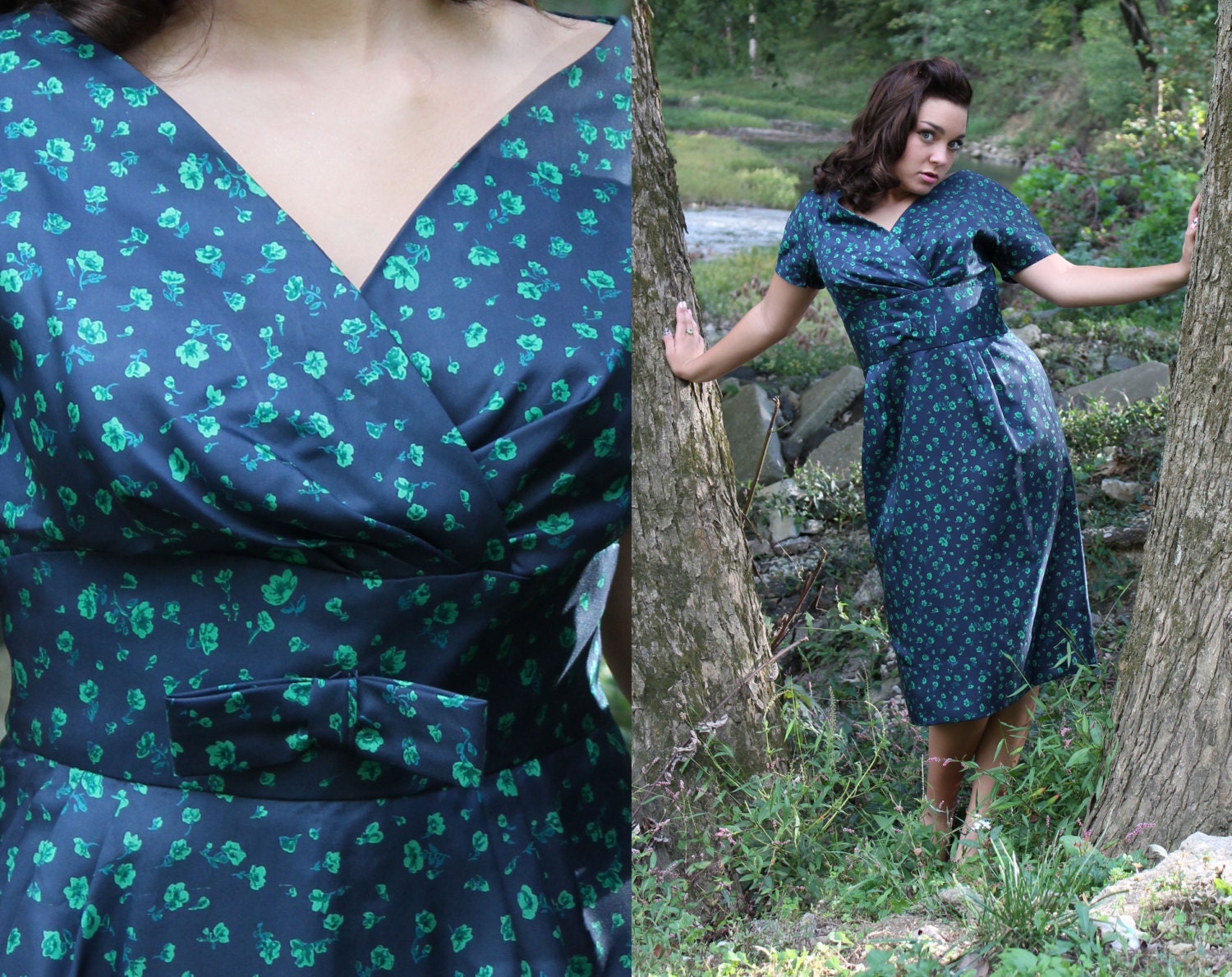 50s Party Dress Silk Wiggle Short Sleeve Floral Navy Blue Floral Medium M Vintage 1950s Deep V Bow