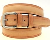 American Made Men's domed 1 1/4' Natural Tan Harness Leather Belt With Double Loops Brushed Nickel Buckle