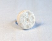 Handmade white porcelain full moon ring with sterling silver adjustable band, soft marble glaze