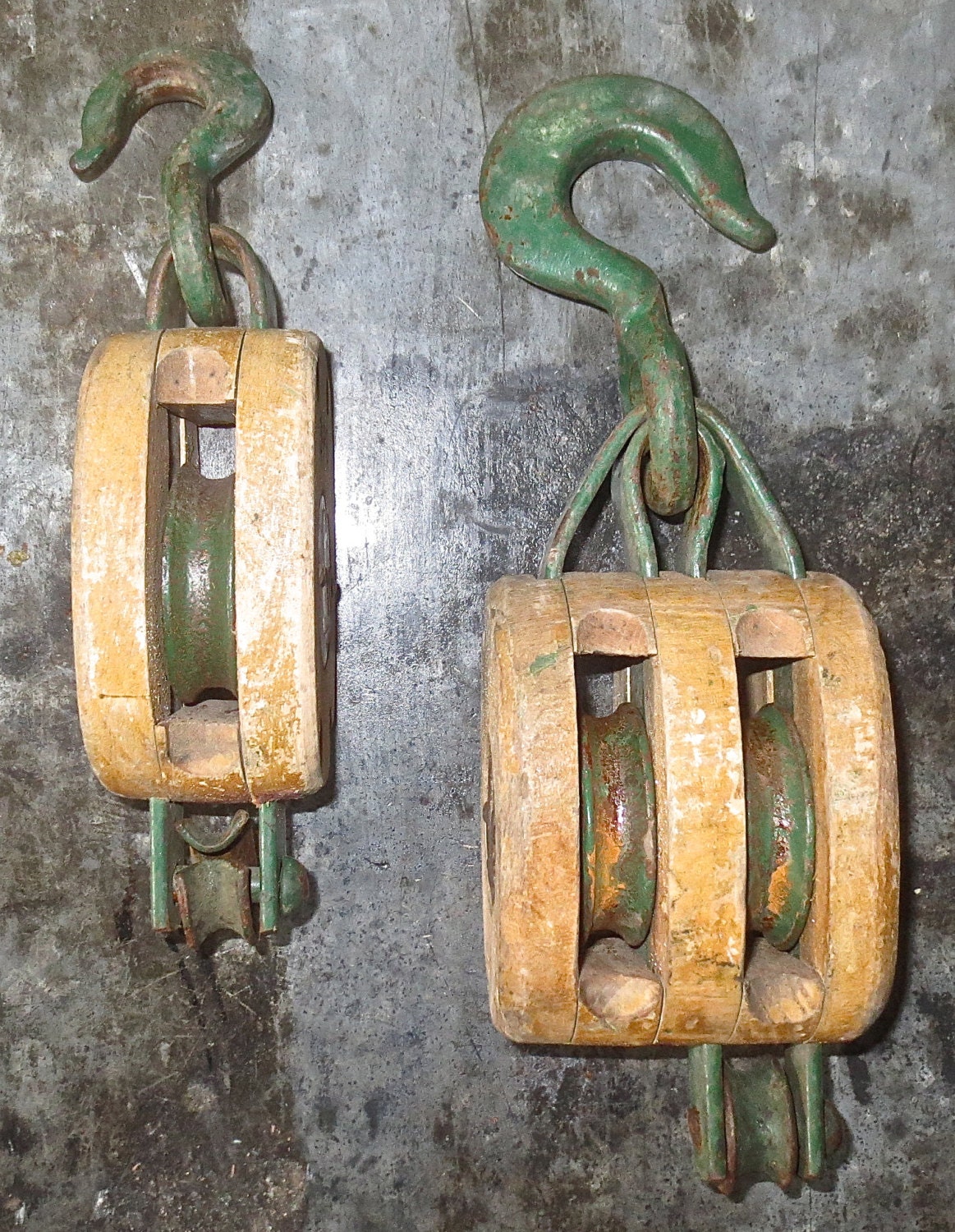 2 Vintage/Antique Rustic Cast Iron & Wood 3-PB Barn Pulleys - Estate Find from Montana USA