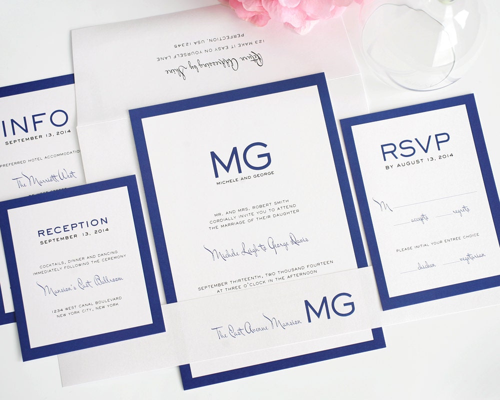 Modern Wedding Invitation, Wedding Invite, Blue, Simple, Unique, Monogram, Borders - Modern Luxe Wedding Invitation - Sample Set