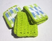 Cotton Dish Cloths or Wash Cloths  Set of Three in Lime Green Blue and White