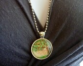 Hand Painted Pendant-Oak Tree at Sunset-Country Scene-Folk Art