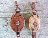 Vintage Industrial Barn Pulley  Wood With Cast Iron Barn Pully Set of 2 Primitive Pulleys