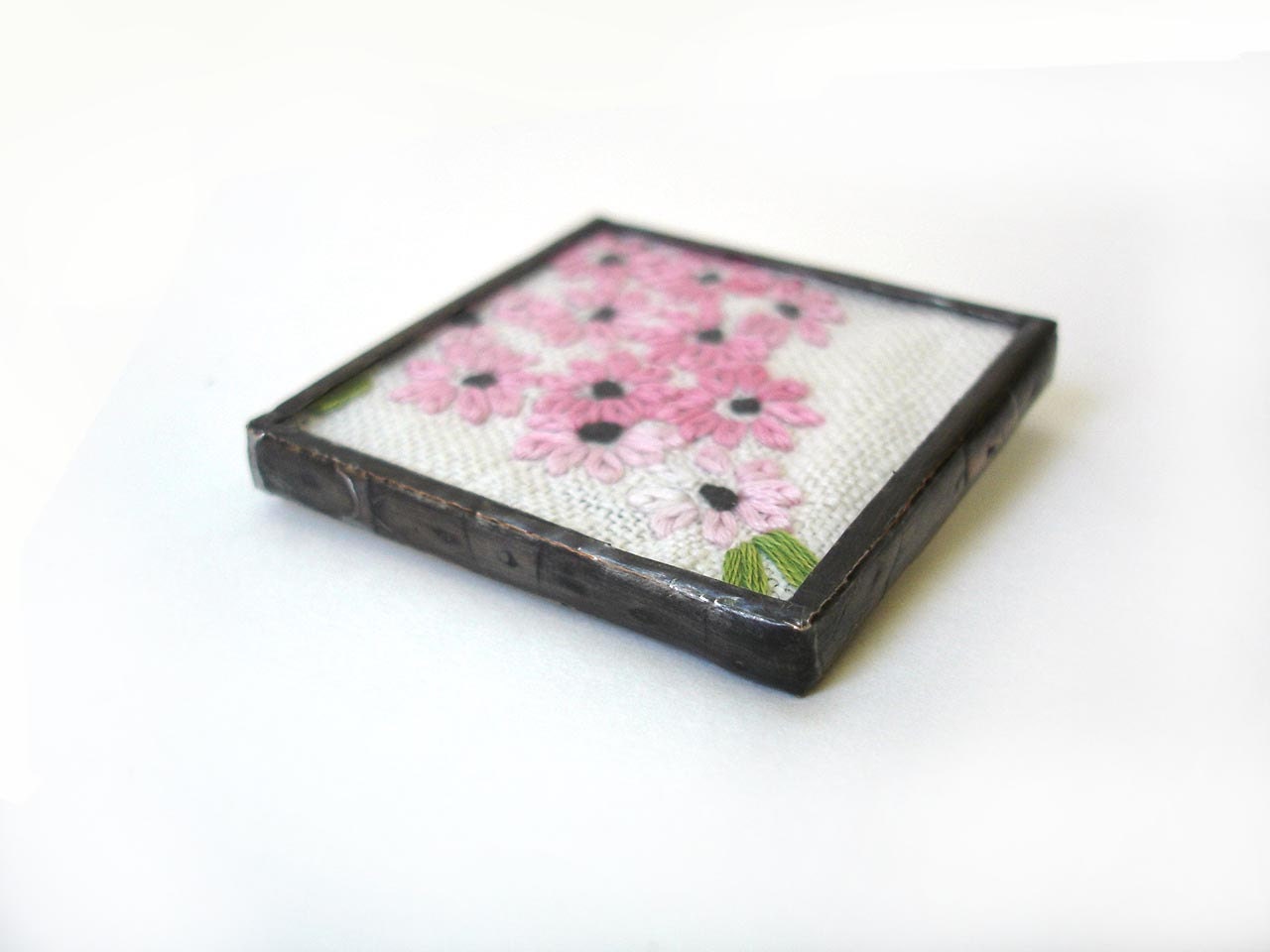 Embroidered recycled vintage table linen jewelry brooch, pink floral unique lapel pin