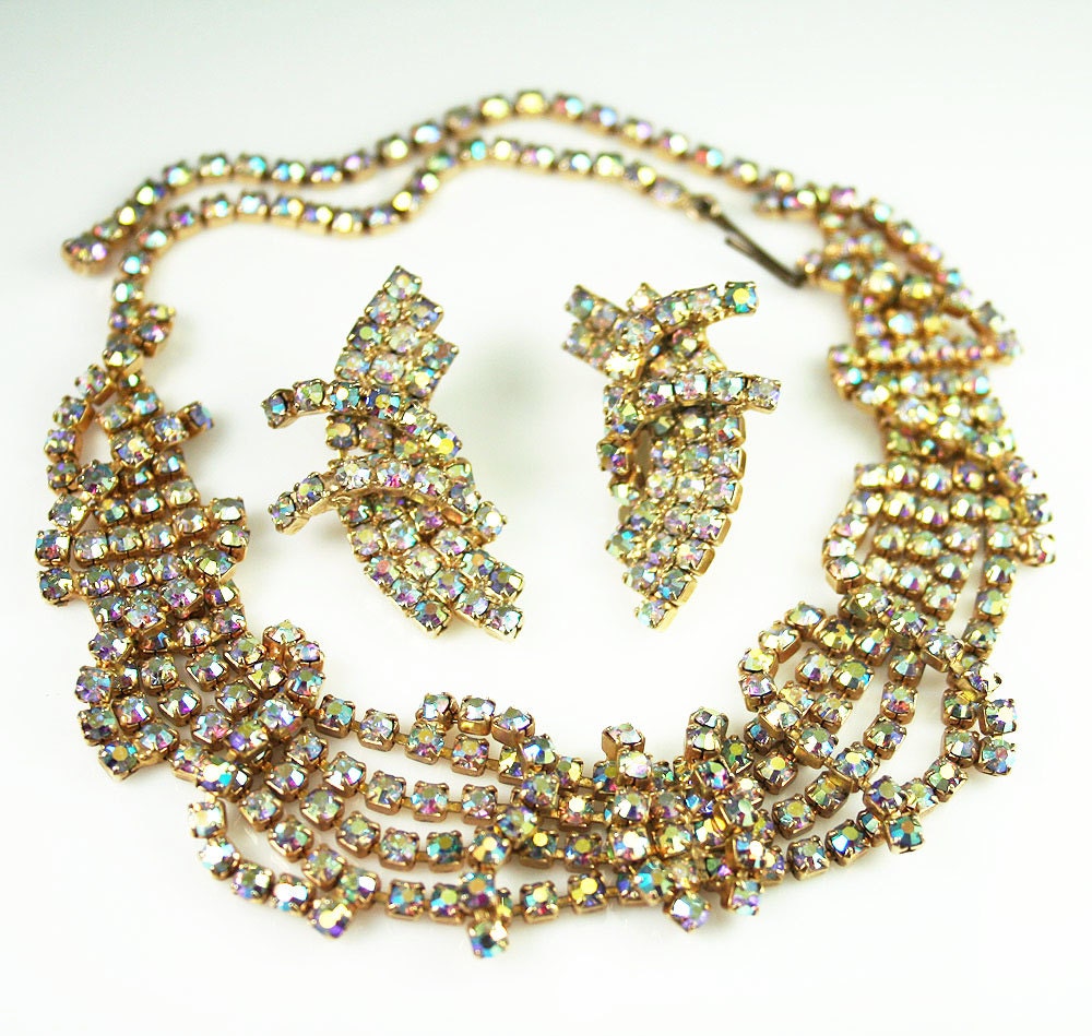 Vintage Multi Strand Swag Bib Aurora Borealis Rhinestone Necklace Earrings Set