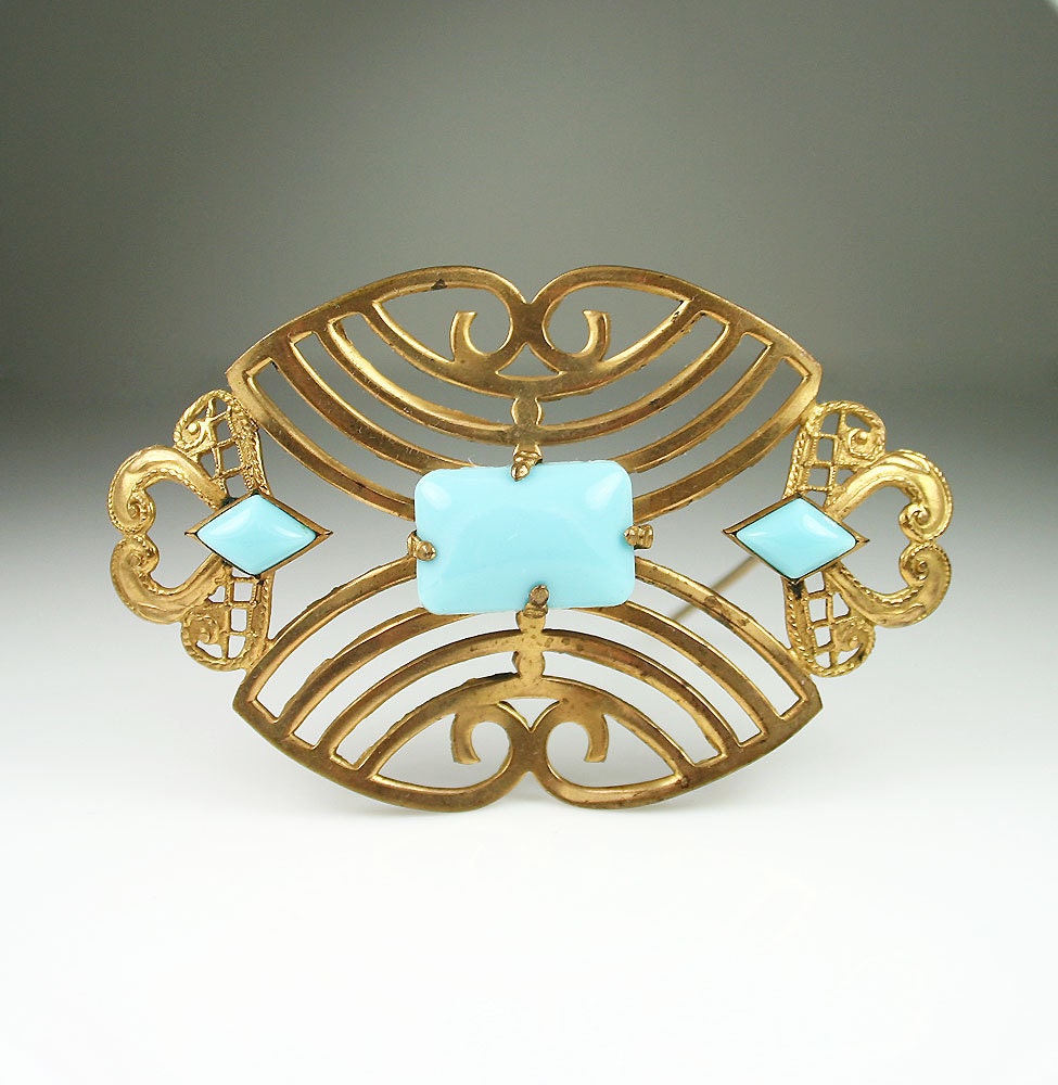 Antique Victorian Era Robins Egg Blue Czech Glass Gilt Sash Brooch