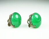 Edwardian Art Deco Emerald Green Chrysoprase Silver Filigree Earrings