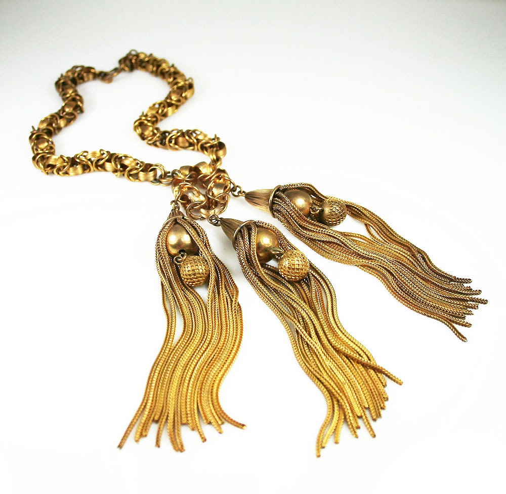 Art Deco Egyptian Etruscan Revival Gold Fringe Chain Link Flapper Necklace