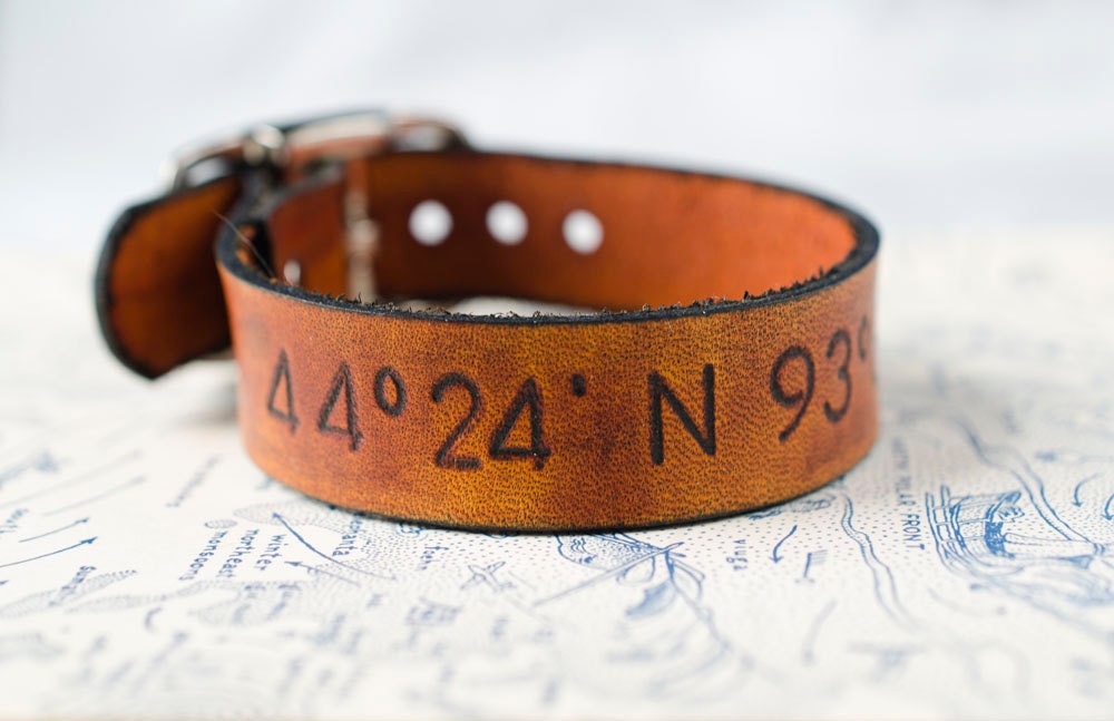 Latitude and Longitude Leather Cuff with Adjustable Buckle