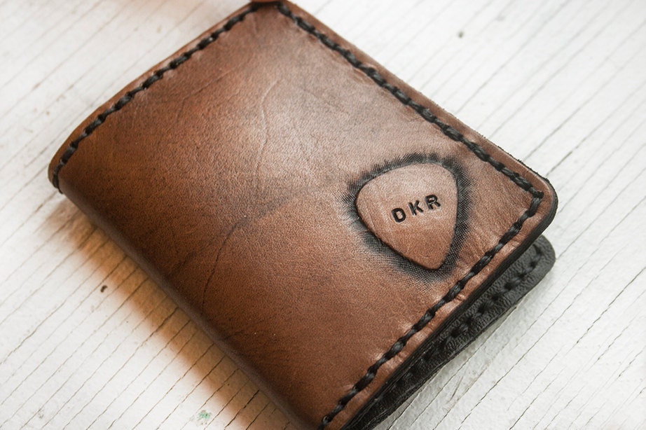 Men's Leather Wallet - Guitar Pick - Custom stain color, initial and thread color - leather billfold -  hand tooled leather