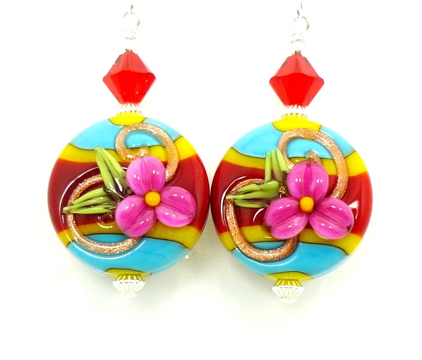 Floral Earrings, Southwestern Earrings, Lampwork Earrings, Glass Earrings, Beaded Earrings, Beadwork Earrings