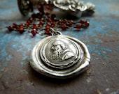 Nostradamus Intaglio Wax Seal Necklace. Red Garnet Sterling Silver Chain. Antiqued Wax Seal Jewelry