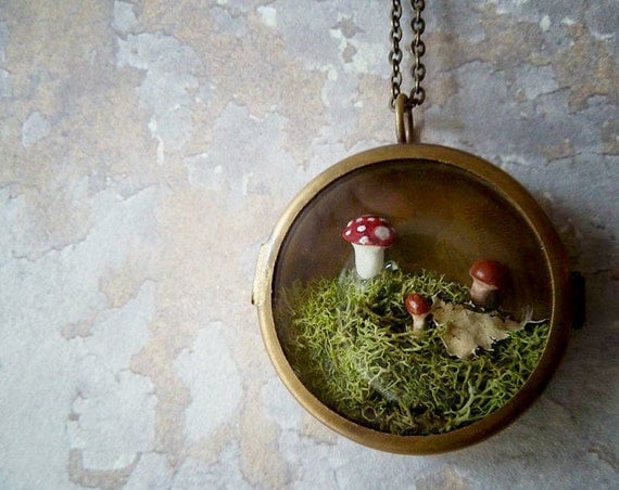 Better Gnomes and Gardens. Woodland Moss Terrarium Brass Locket Necklace